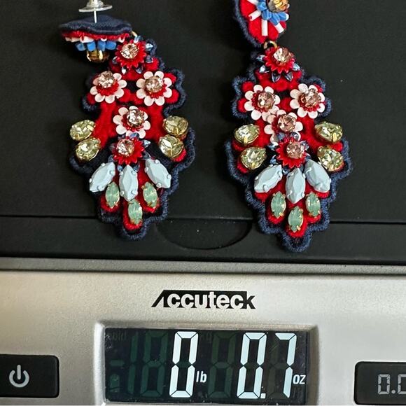 J Crew Chandelier Earring Oversized Red Blue Embroidered Big Beaded Jeweled - Picture 8 of 10